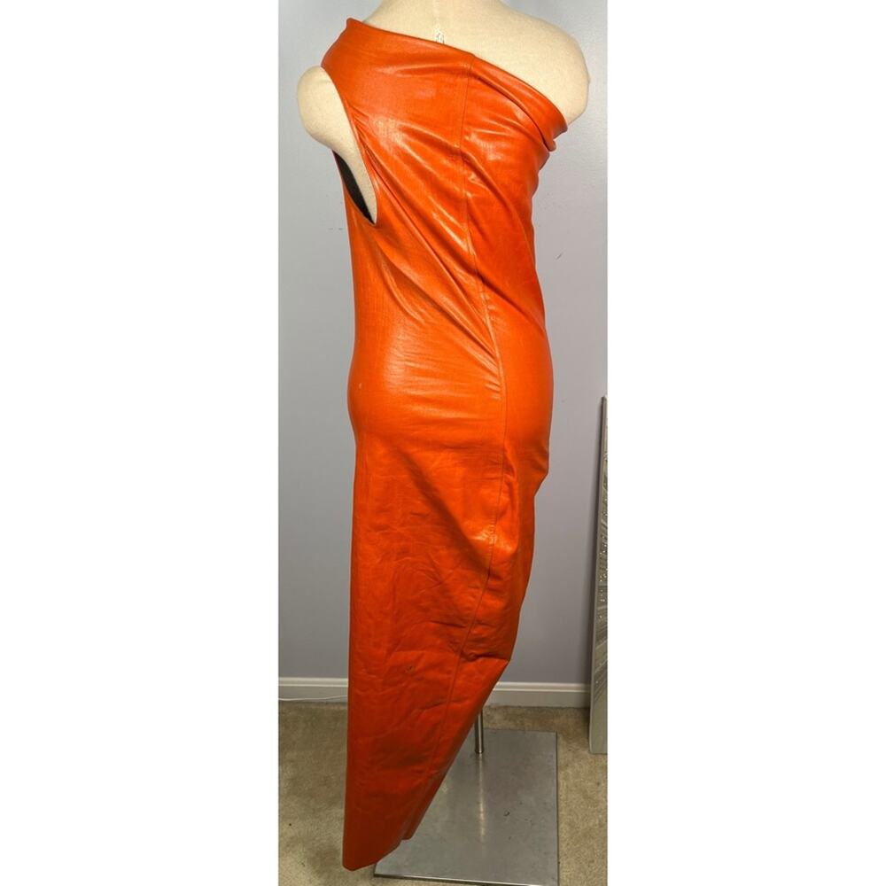 RICK OWENS Athena One Shoulder Coated Denim Bodycon Orange Midi Dress Size 6 - Picture 9 of 16
